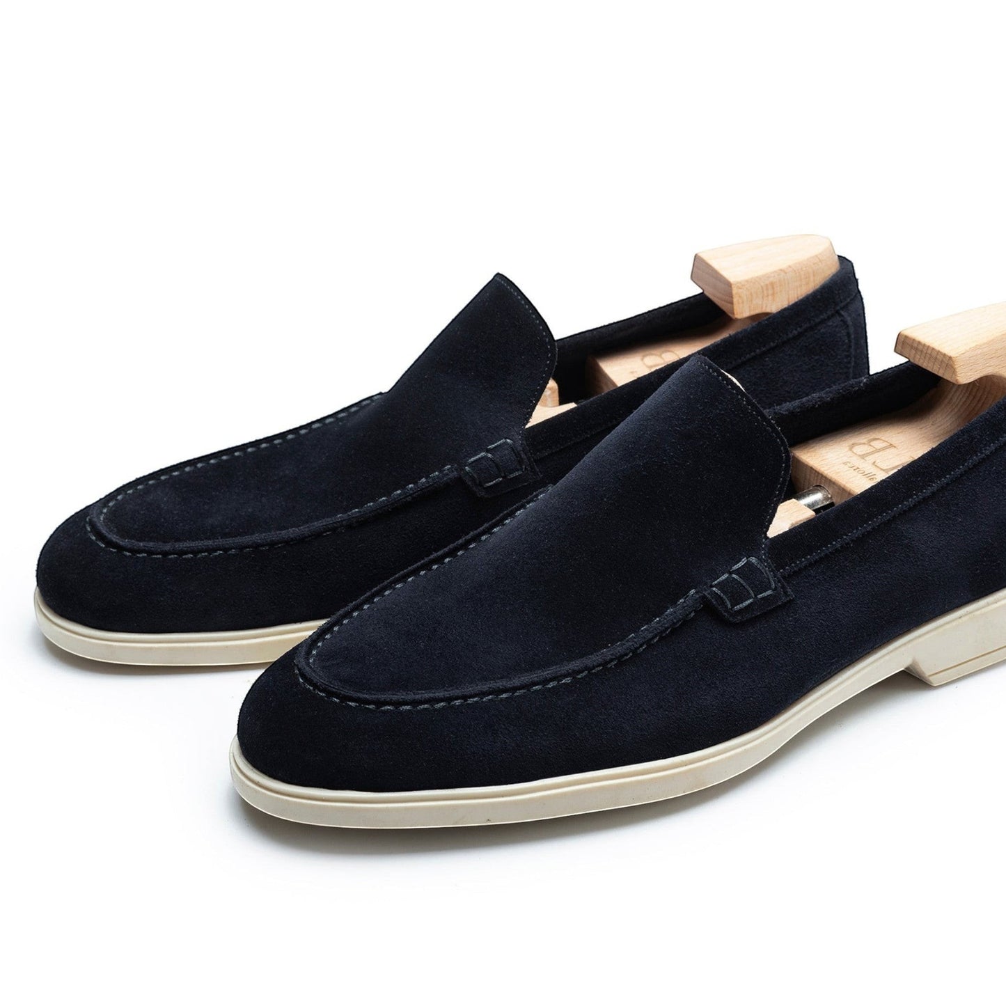 TLB Mallorca navy blue suede unlined loafers with cream rubber sole and contrast stitching. Handcrafted in Spain.