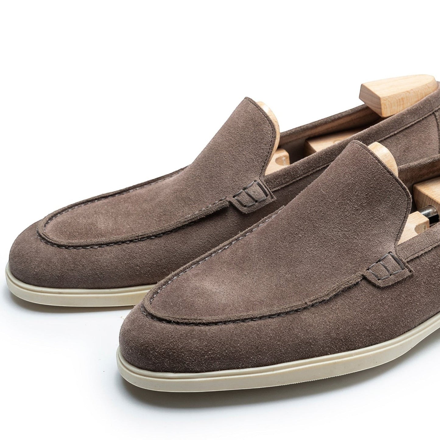 TLB Mallorca grey-brown unlined suede loafers with a flexible rubber sole and anatomical last.