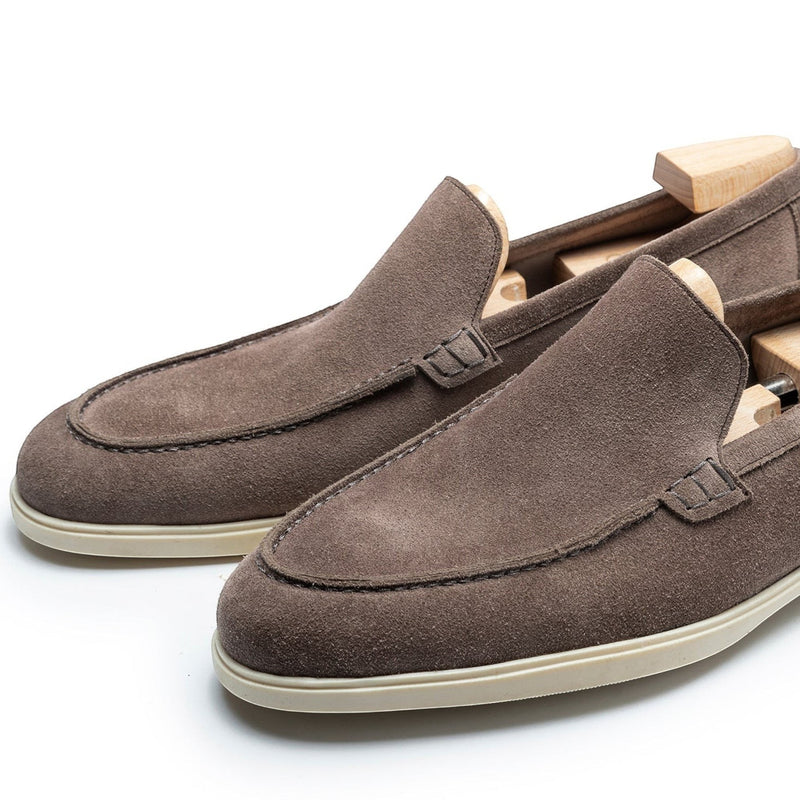 TLB Mallorca grey-brown unlined suede loafers with a flexible rubber sole and anatomical last.