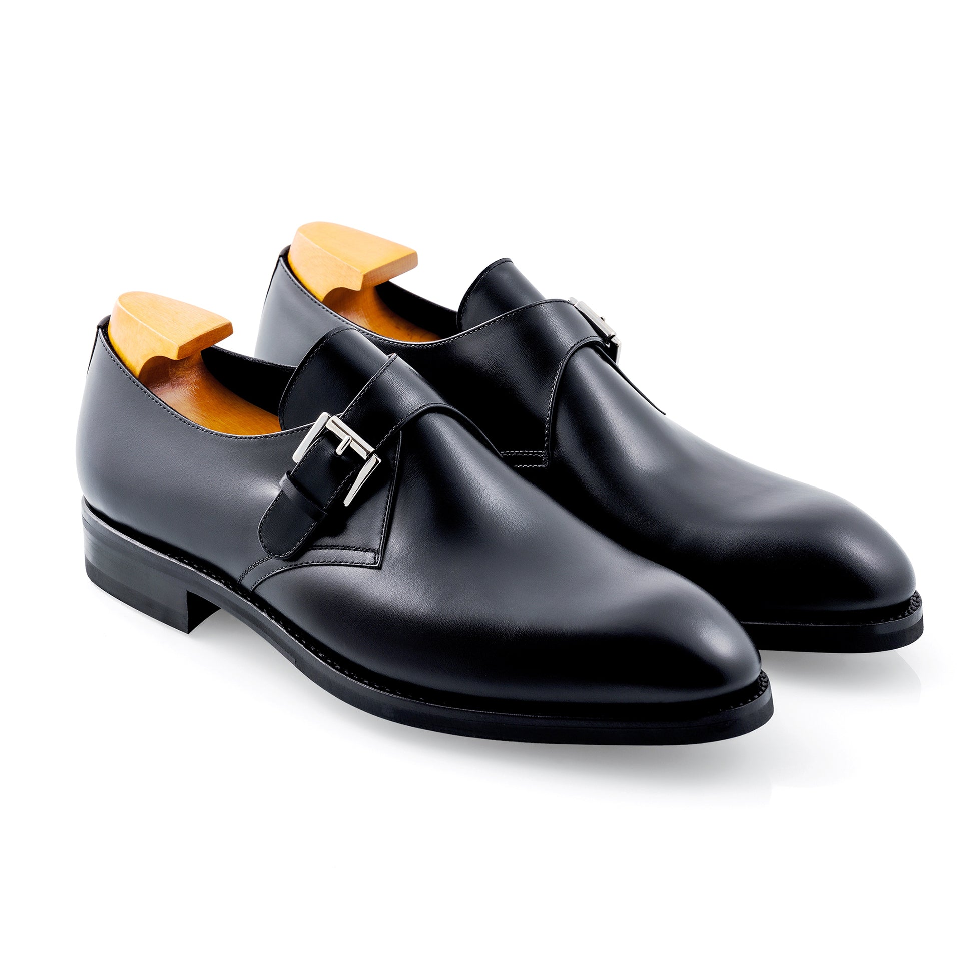 Men's handmade elegant one buckle shoes in black calf leather